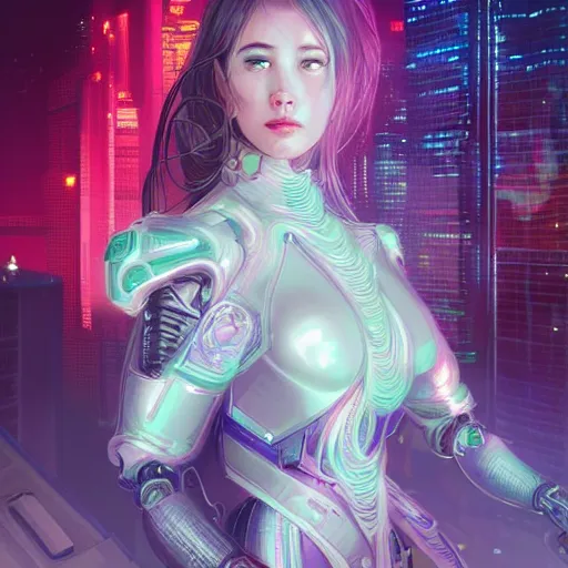 Prompt: portrait futuristic Cyber warrior Girl, in future cyberpunk tokyo rooftop , ssci-fi, fantasy, intricate, very very beautiful, elegant, neon light, highly detailed, digital painting, artstation, concept art, smooth, sharp focus, illustration, art by alphonse mucha and tian zi and WLOP