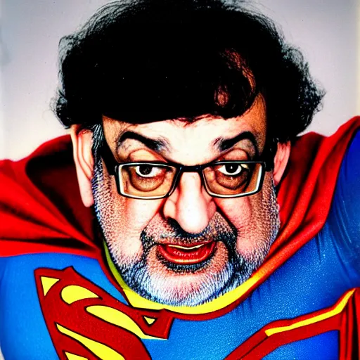 Image similar to kodachrome photographic portrait of author, salman rushdie as superman from the year 3 0 0 0, portrait by annie liebowitz