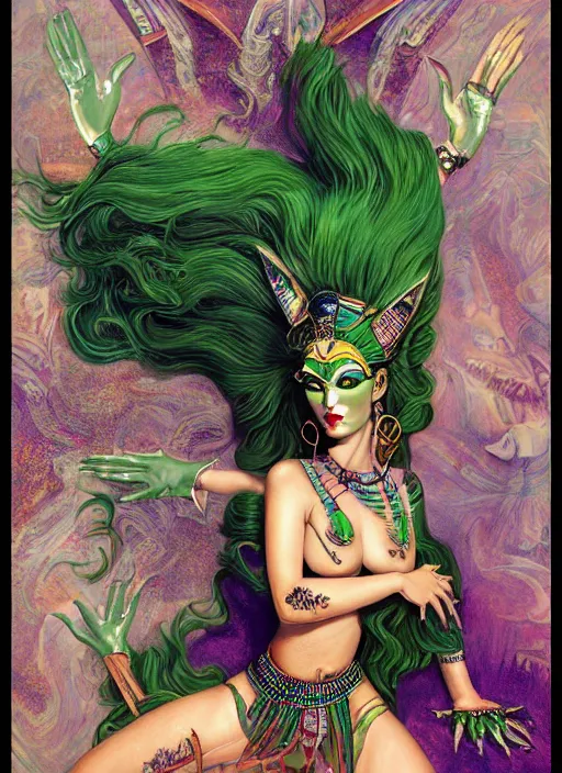 Prompt: green-haired woman with six arms, animal horns, psychedlic clothing, Egyptian makeup, detailed arms, detailed legs, detailed face, extremely detailed frontal declotage and thick flowing hair, Egyptian makeup, psychedelic clothing, american postcard art style, by Gil Elvgren, Julie Bell, krenz cushart, Greg Hildebrandt and Randolph Stanley Hewton, fantasy, intricate complexity, female facial structure, accurate human anatomy mixed with hyper-evolved alien and cyborg characteristics, sci-fi character concept, photorealism, splatter, bleed, epic clouds and lighting, hyperrealism, 8k