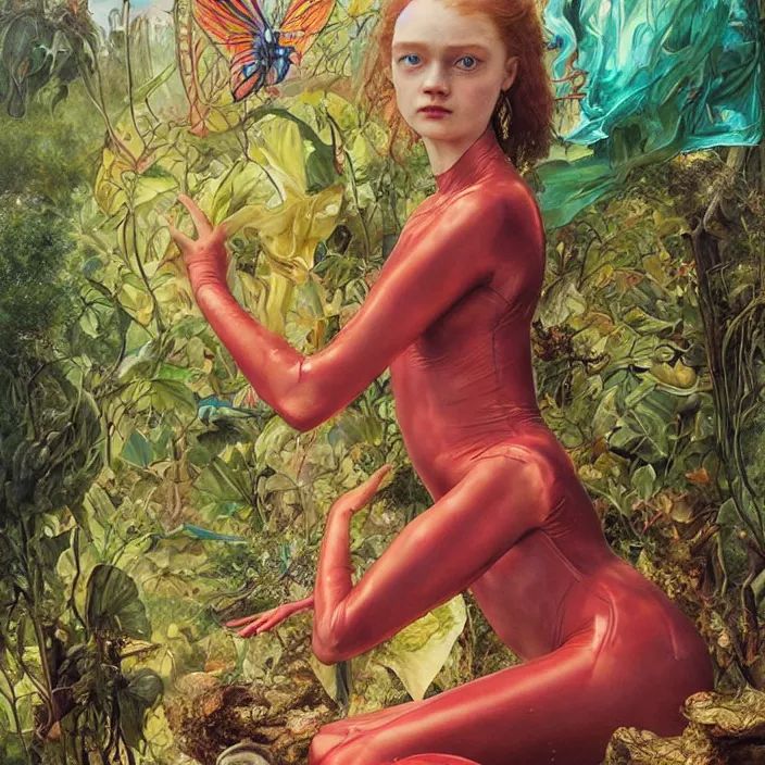 Image similar to a fashion editorial of sadie sink as a brightly colored sphinx amphibian hybrid with wet translucent skin. wearing an growing organic catsuit. by tom bagshaw, donato giancola, hans holbein, walton ford, gaston bussiere, brian froud, peter mohrbacher and magali villeneuve. 8 k, cgsociety