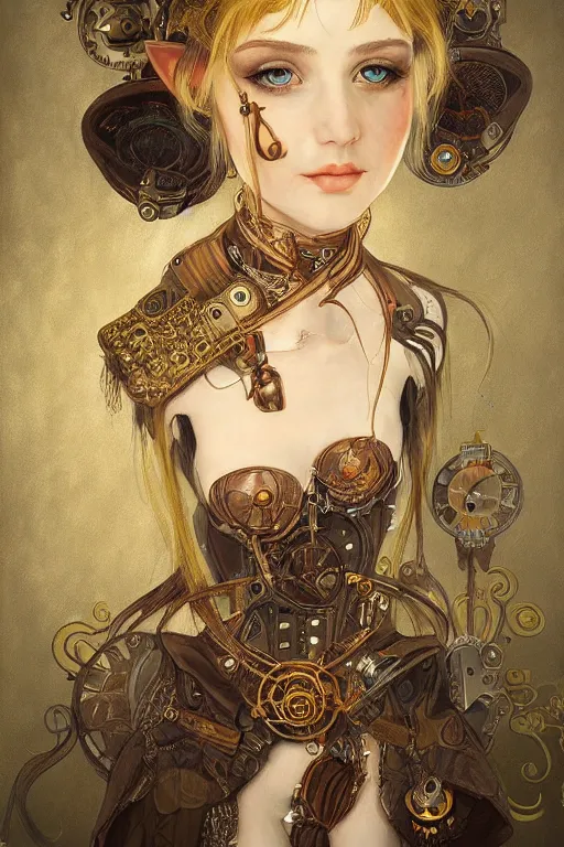 Prompt: portrait of beautiful young elf girl, steampunk, highly detailed, artstation, illustration, art by Gustav Klimt