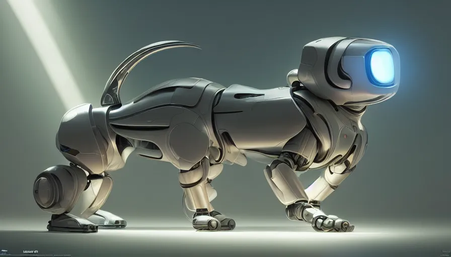 Image similar to a futuristic pet robot by artgerm and greg rutkowski and alphonse mucha, zaha hadid, cat dog teddy mix, volumetric light, detailed, octane render, midsommar