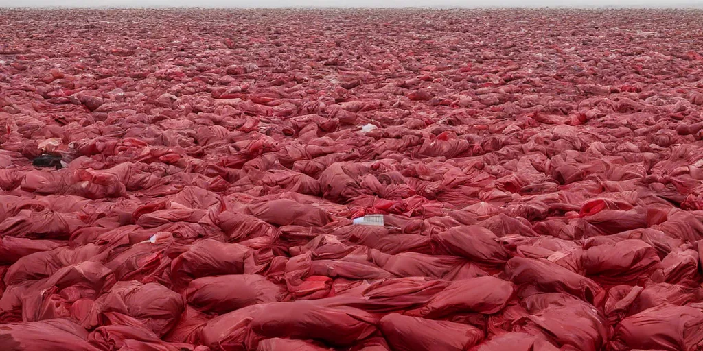 Prompt: photography of thousand of red garbage bags floating in the middle of a stormy ocean, photography by cindy sherman, cinematic, photography award winning, rule of thirds, golden ratio, phi