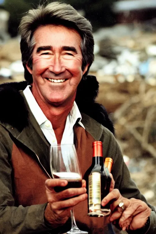 Image similar to randy mantooth smiling sitting on a garbage heap and drinking wine