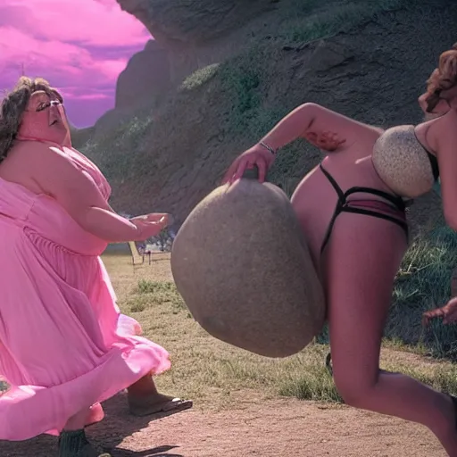 Prompt: cinematic shot of a fat ugly old man wearing a pink dress hitting a young woman with a rock, very intricate, very detailed,