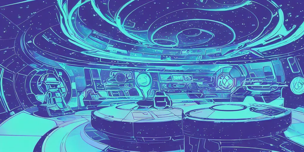 Image similar to a space ship circular meeting room with bright holodesk in the center showing a blue hologram of a solar system, dark people discussing, contrasted light, clair obscur, illustration, clean lines, star wars vibe, by sead mead, by moebius!!!, vivid colors, spectacular cinematic scene