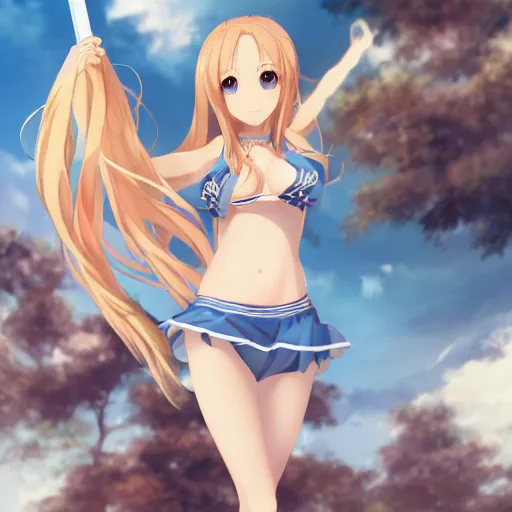 Prompt: a very beautiful young yuuki asuna, full body, long wavy blond hair, sky blue eyes, full round face,, bikini, miniskirt, front view, mid - shot, highly detailed, cinematic wallpaper by stanley artgerm lau