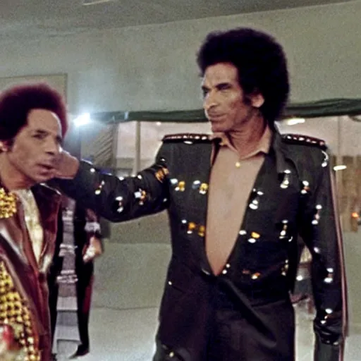 Prompt: A movie still of Muammar Gaddafi wearing a disco suit in Satuday Night Fever