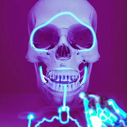 Prompt: cybernetic happy human scull with with , blue neon light and smoke and purple lighting