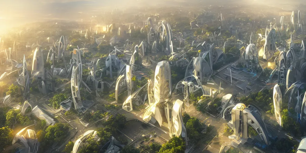 Prompt: Futuristic utopian city, central hub, octahedron shaped white buildings, golden sunset, green trees, utopia, high quality, beautiful design, scifi, high detail, global illumination, trending on ArtStation, art by Richard Dumont, Leon Tukker