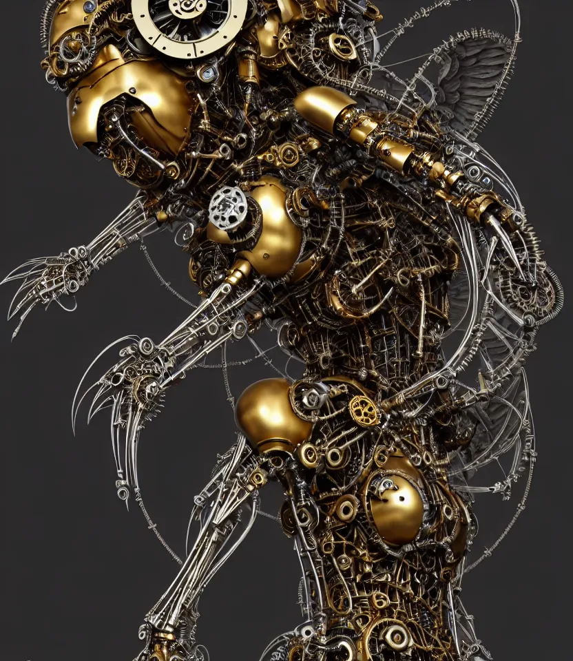 Image similar to steampunk cybernetic biomechanical robotic angel of death, symmetrical, front facing, 3 d model, very coherent symmetrical artwork, unreal engine realistic render, 8 k, micro detail, gold and steel intricate, elegant, highly detailed, digital painting, artstation, smooth, sharp focus, illustration, artgerm, tomasz alen kopera, wlop