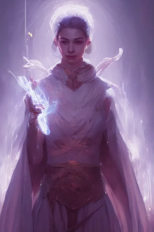 Image similar to a portrait of a beautiful light mage using magic by Greg Rutkowski, Sung Choi, Mitchell Mohrhauser, Maciej Kuciara, Johnson Ting, Maxim Verehin, Peter Konig, final fantasy , mythical, 8k photorealistic, cinematic lighting, HD, high details, atmospheric,