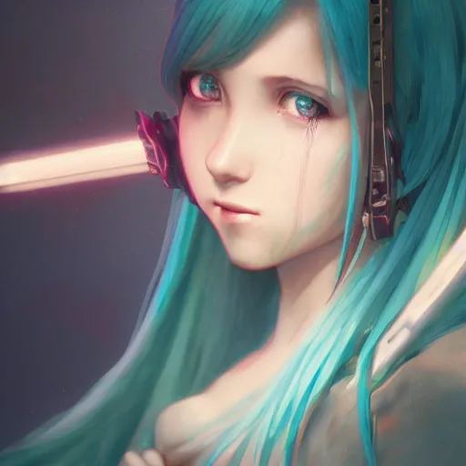 Image similar to a photorealistic dramatic fantasy render of hatsune miku by wlop, artgerm, greg rutkowski, alphonse mucha, beautiful dynamic dramatic dark moody lighting, shadows, cinematic atmosphere, artstation, concept design art, octane render, 8 k