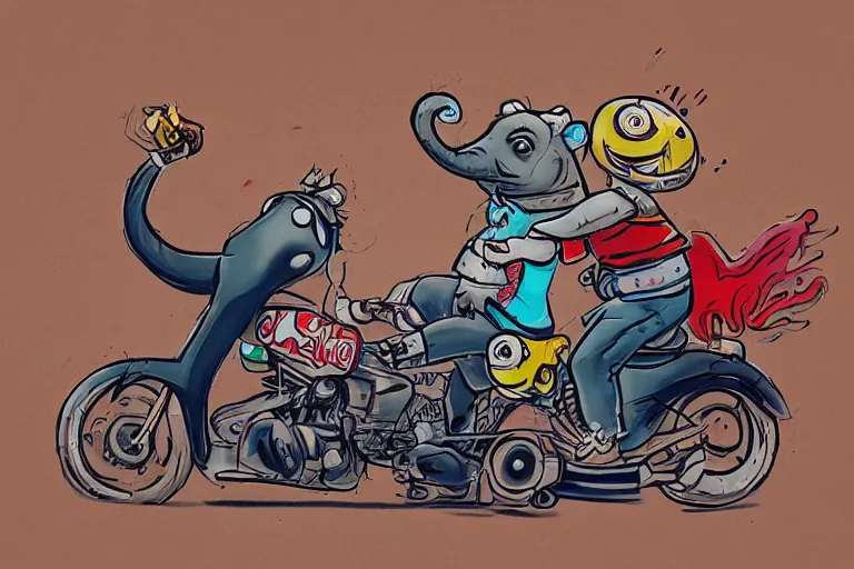 Image similar to a cartoon graffiti illustration of red pandas riding an elephant motorbike by stom 5 0 0