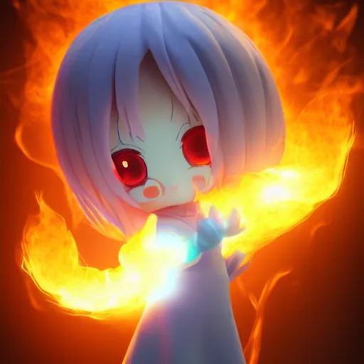 Image similar to cute fumo plush of a girl with pyrokinetic energy, angry, fire lens flare, vray