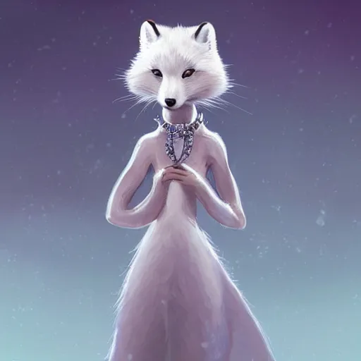 Prompt: Regal character design of a feminine anthropomorphic arctic fox wearing a white dress and necklace, character art, whimsical, concept art, pretty princess, wlop, artstation, highly detailed digital art