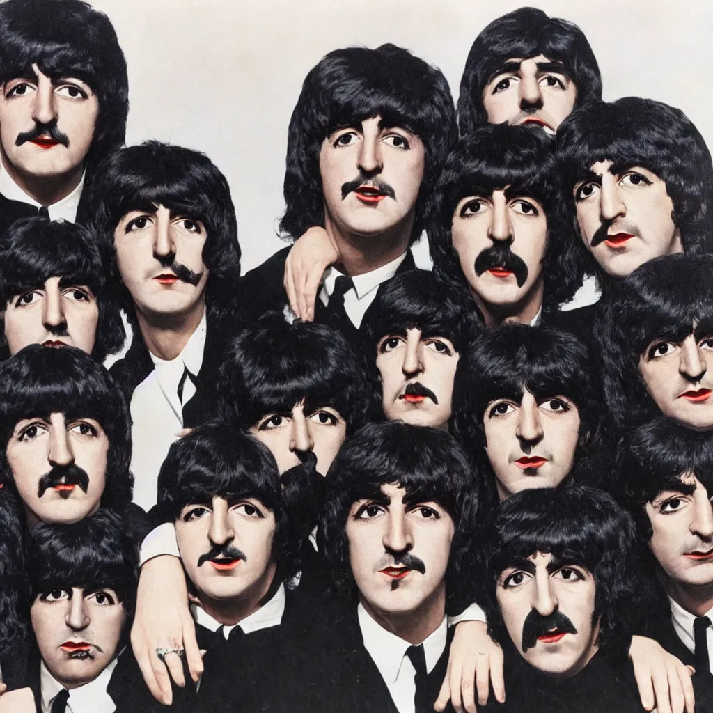 Prompt: the beatles dressed as the band kiss, realistic, 4 k