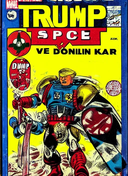 Image similar to vintage comic book cover of donald trump as a space marine from warhammer 4 k