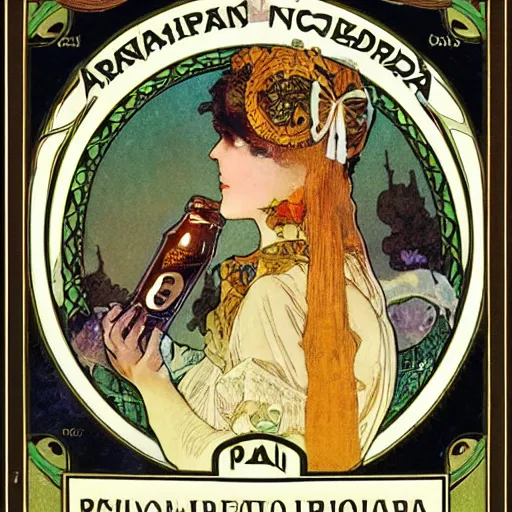 Image similar to product photo of ipa beer can, label designed by mucha