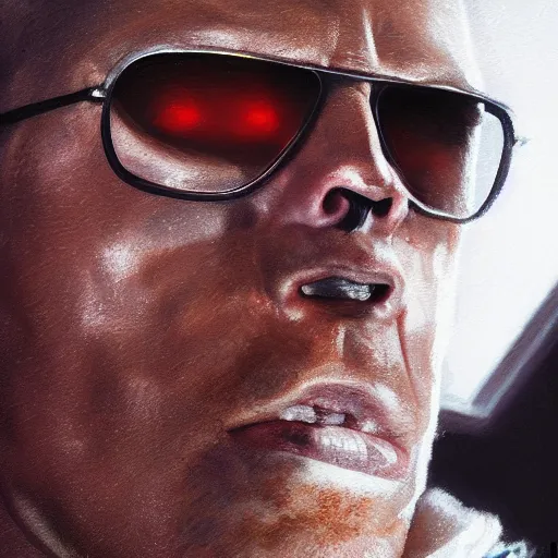 Prompt: a closeup portrait of duke nukem, dramatic lighting, chiaroscuro, high detail, painted by greg rutkowski, painted by igor kieryluk, painted by bobby chiu, trending on artstation