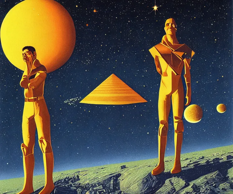 Prompt: portrait character standing gigantic solar pyramids towering over a small city meteor in the dark starry sky of saturn by kelly freas