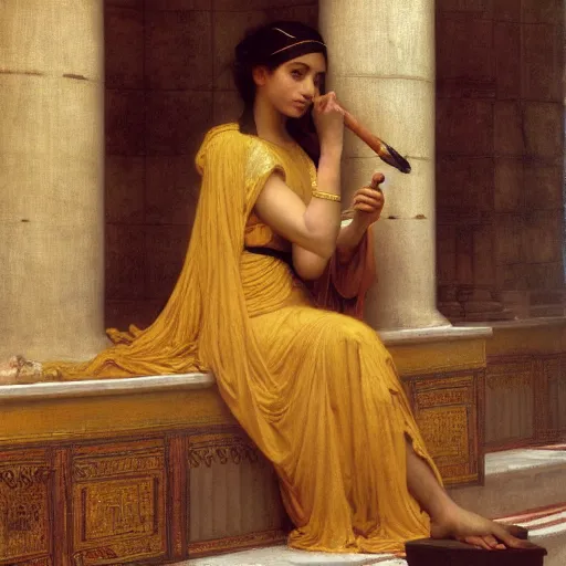 Prompt: orientalist portrait of a moorish female sage wearing a golden robe smoking a pipe in a sandstone temple intricate portrait by john william waterhouse and Edwin Longsden Long and Theodore Ralli and William-Adolphe Bouguereau, very coherent symmetrical artwork. Cinematic, hyper realism, high detail 8k