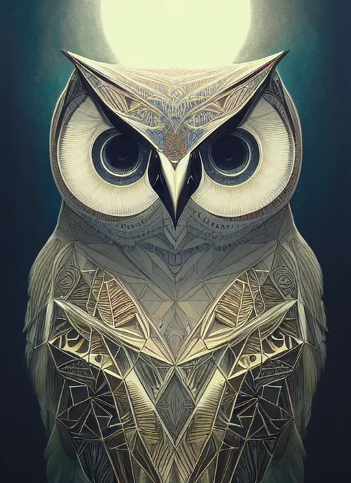 Image similar to portrait of a geometric owl, identical eyes, medium shot, illustration, full body made of white feathers, symmetrical, art stand, super detailed, cinematic lighting, and its detailed and intricate, gorgeous, by peter mohrbacher