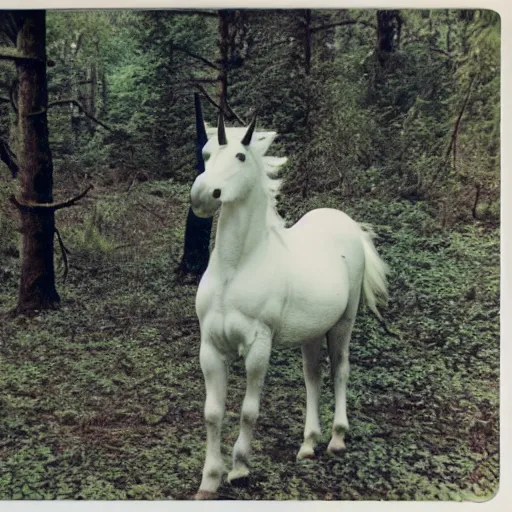 Prompt: polaroid photo of a unicorn! in a forest in the 1 9 6 0 s