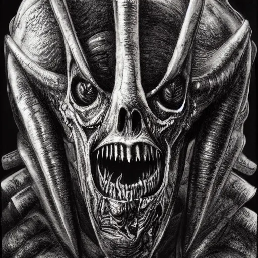 Prompt: Concept art. Alien monster. Terrifying. Dark. Smokey. Bone. Ash. Teeth. Art by HR Giger. Extremely detailed. 4K.