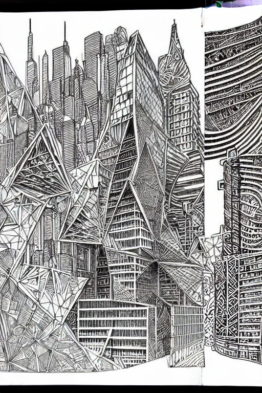 Image similar to a black and white drawing of a building, cityscape, a detailed mixed media collage by hiroki tsukuda and eduardo paolozzi and moebius, intricate linework, sketchbook psychedelic doodle comic drawing, geometric, street art, polycount, deconstructivism, matte drawing, academic art, constructivism