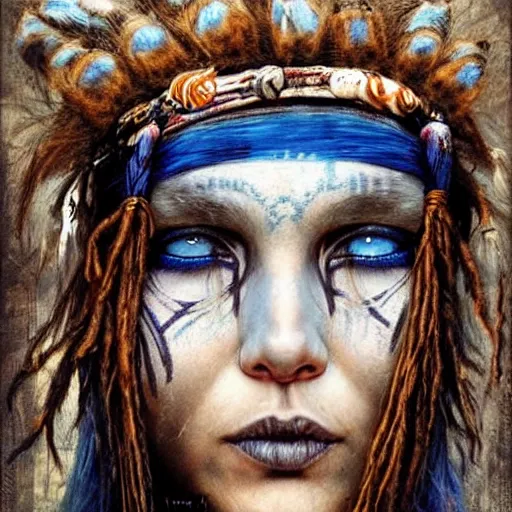 Image similar to A young blindfolded shaman woman with a decorated headband, in the style of heilung, blue hair dreadlocks and wood on her head., made by karol bak