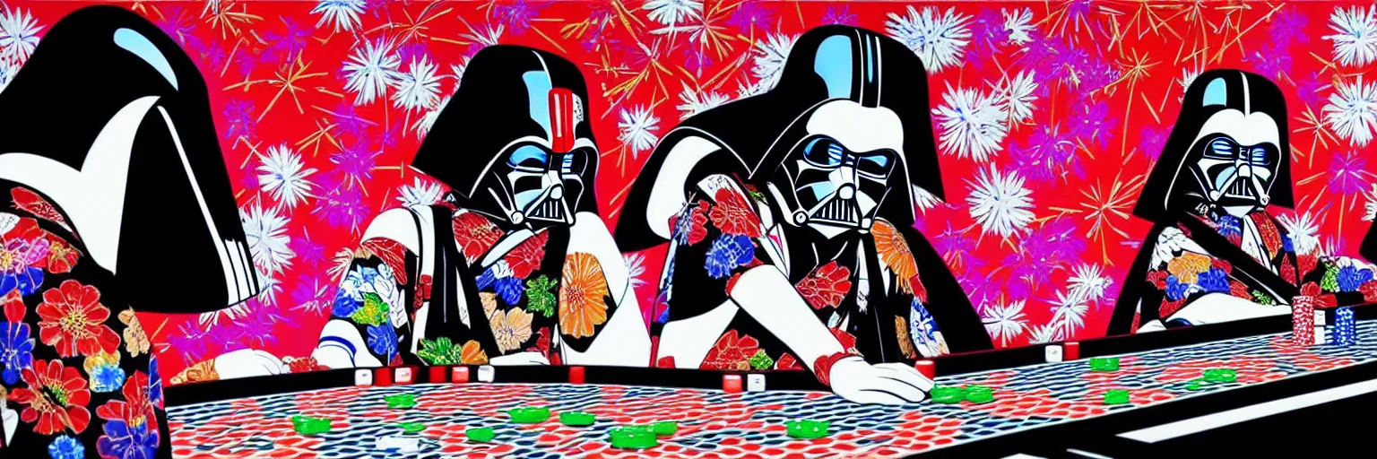 Image similar to hyperrealism composition of the detailed woman in a japanese kimono sitting at an extremely detailed poker table with darth vader and stormtrooper, fireworks on the background, pop - art style, jacky tsai style, andy warhol style, acrylic on canvas