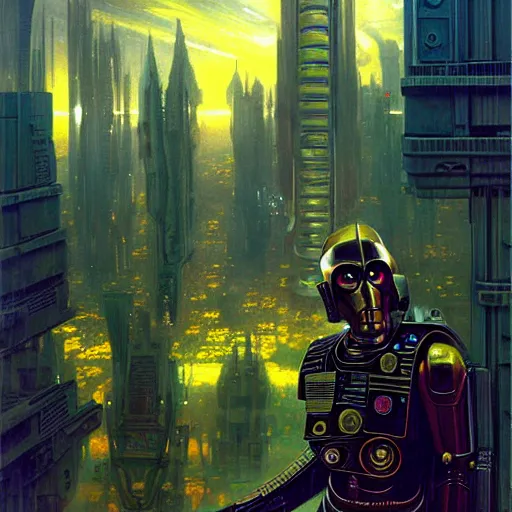 Image similar to portrait c 3 po. spaceship futuristic city. shadowrun cyberpunk fantasy d & d painting by gaston bussiere craig mullins jc leyendecker gustav klimt artgerm greg rutkowski john berkey, bergey, craig mullins, ruan jia, raymond swanland, tom lovell