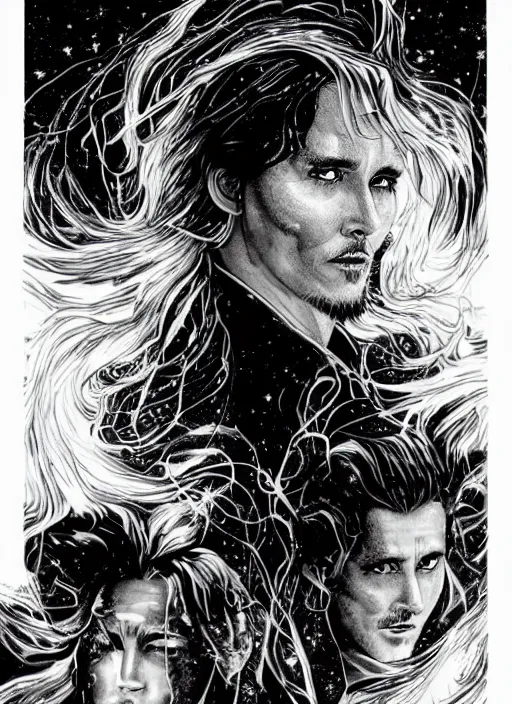 Image similar to black and white pen and ink!!!!!!! Johnny Depp x Ryan Gosling wearing cosmic space robes made of stars final form flowing royal hair golden!!!! Vagabond!!!!!!!! floating magic swordsman!!!! glides through a beautiful!!!!!!! Camellia flower battlefield dramatic esoteric!!!!!! Long hair flowing dancing illustrated in high detail!!!!!!!! by Moebius and Hiroya Oku!!!!!!!!! graphic novel published on 2049 award winning!!!! full body portrait!!!!! action exposition manga panel black and white Shonen Jump issue by David Lynch eraserhead and beautiful line art Hirohiko Araki!! Rossetti, Millais, Mucha, Jojo's Bizzare Adventure, baroque bedazzled gothic royalty frames surrounding a pixelsort emo demonic horrorcore japanese Edward Scissorhands, sharpened early computer graphics, remastered chromatic aberration, spiked korean bloodmoon sigil stars draincore, gothic demon hellfire hexed witchcore aesthetic, dark vhs gothic hearts, neon glyphs spiked with red maroon glitter breakcore art