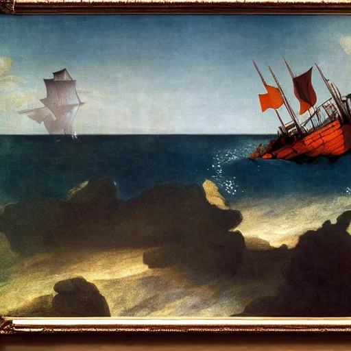 Prompt: a shipwreck at the bottom of the sea by Raphael, Hopper, and Rene Magritte. detailed, romantic, enchanting, trending on artstation.