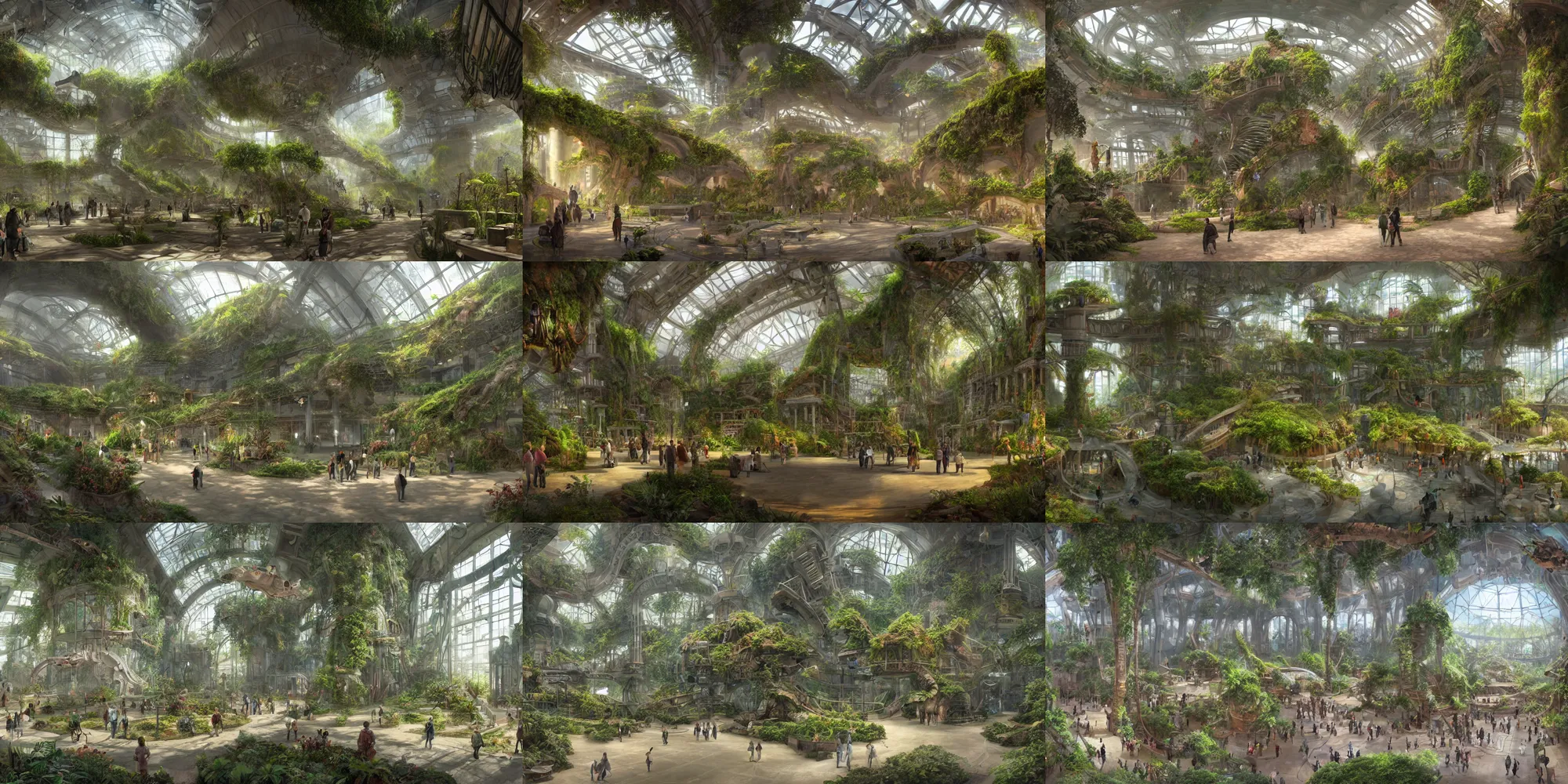Prompt: matte painting of the interior view of giant botanical museum. ecofuturism. humans and robots walking around. fantastical, detailed digital art trending in artstation