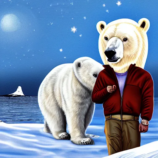 Prompt: Joe Manchin and a polar bear as best friends in the arctic; digital art; 4k,