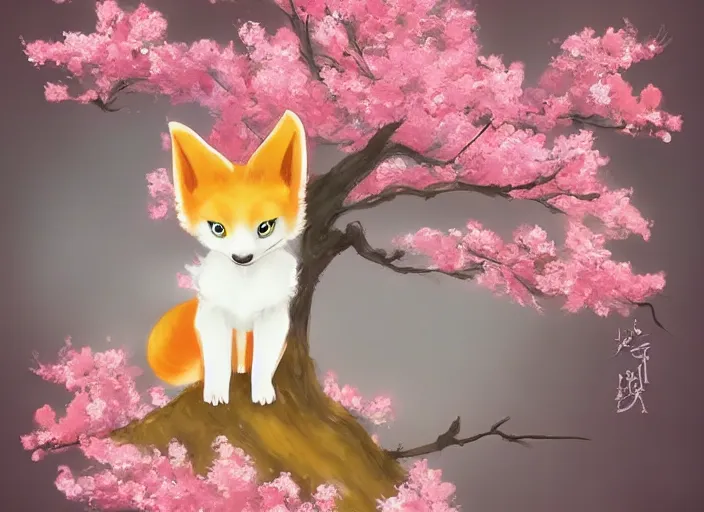 Image similar to cute little kitsune in a cherry blossom tree. trending on artstation.