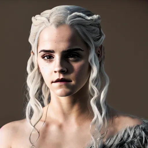 Image similar to Emma Watson full shot modeling as hot Daenerys Targaryen From Game of Thrones, (EOS 5DS R, ISO100, f/8, 1/125, 84mm, postprocessed, crisp face, facial features)
