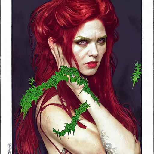 Image similar to a stunningly detailed tarot card of a beautiful alison hannigan dressed as poison ivy with white skin and with hair pulled up in a ponytail, dark eyeliner, intricate, elegant, highly detailed, digital painting, artstation, concept art, sharp focus, illustration, art by greg rutkowski and alphonse mucha