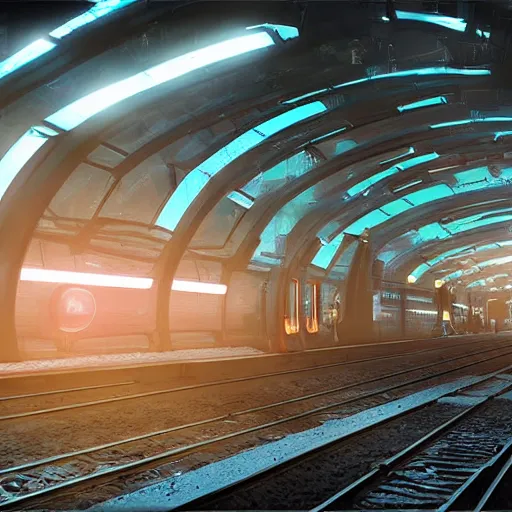 Prompt: Immense industrial futuristic train arrives at cyber punk city station, cinematic lighting, concept art