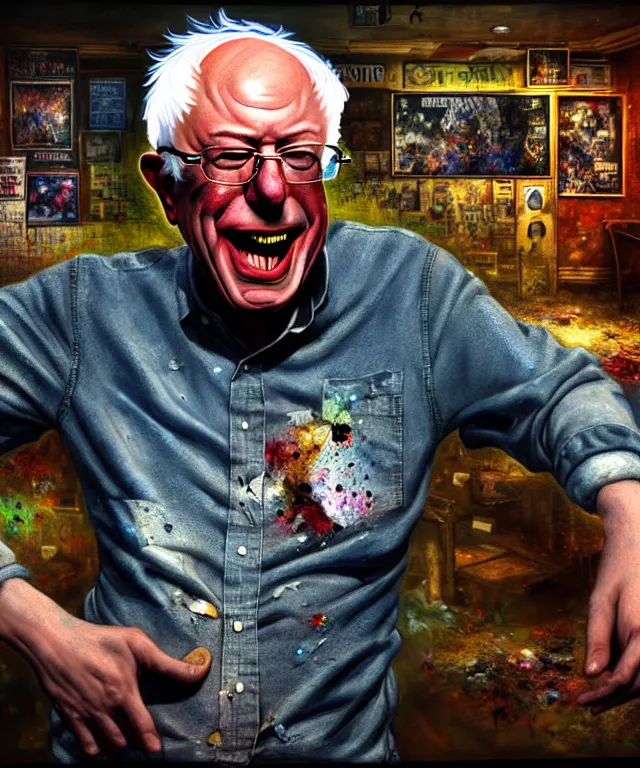 Prompt: hyperrealistic mixed media painting of Bernie Sanders as a laughing drunk, tattered plaid shirt, dimly lit dive bar, stunning 3d render inspired art by P. Craig Russell and Barry Windsor-Smith + perfect facial symmetry + dim volumetric lighting, 8k octane beautifully detailed render, post-processing, extremely hyperdetailed, intricate, epic composition, grim yet sparkling atmosphere, cinematic lighting + masterpiece, trending on artstation, very very detailed, masterpiece, stunning