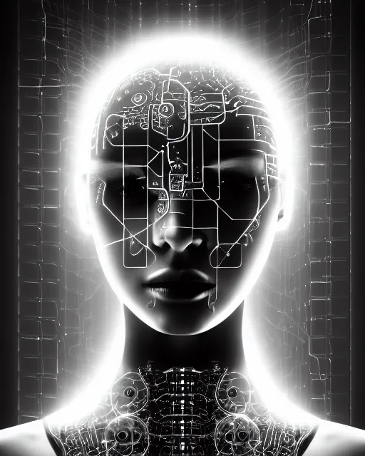 Image similar to black and white artistic photo, young female cyborg - plant goddess, microchip, artificial intelligence, bio - mechanical bio - luminescence, black wired cables, cinematic, rim light, photo - realistic, 8 k