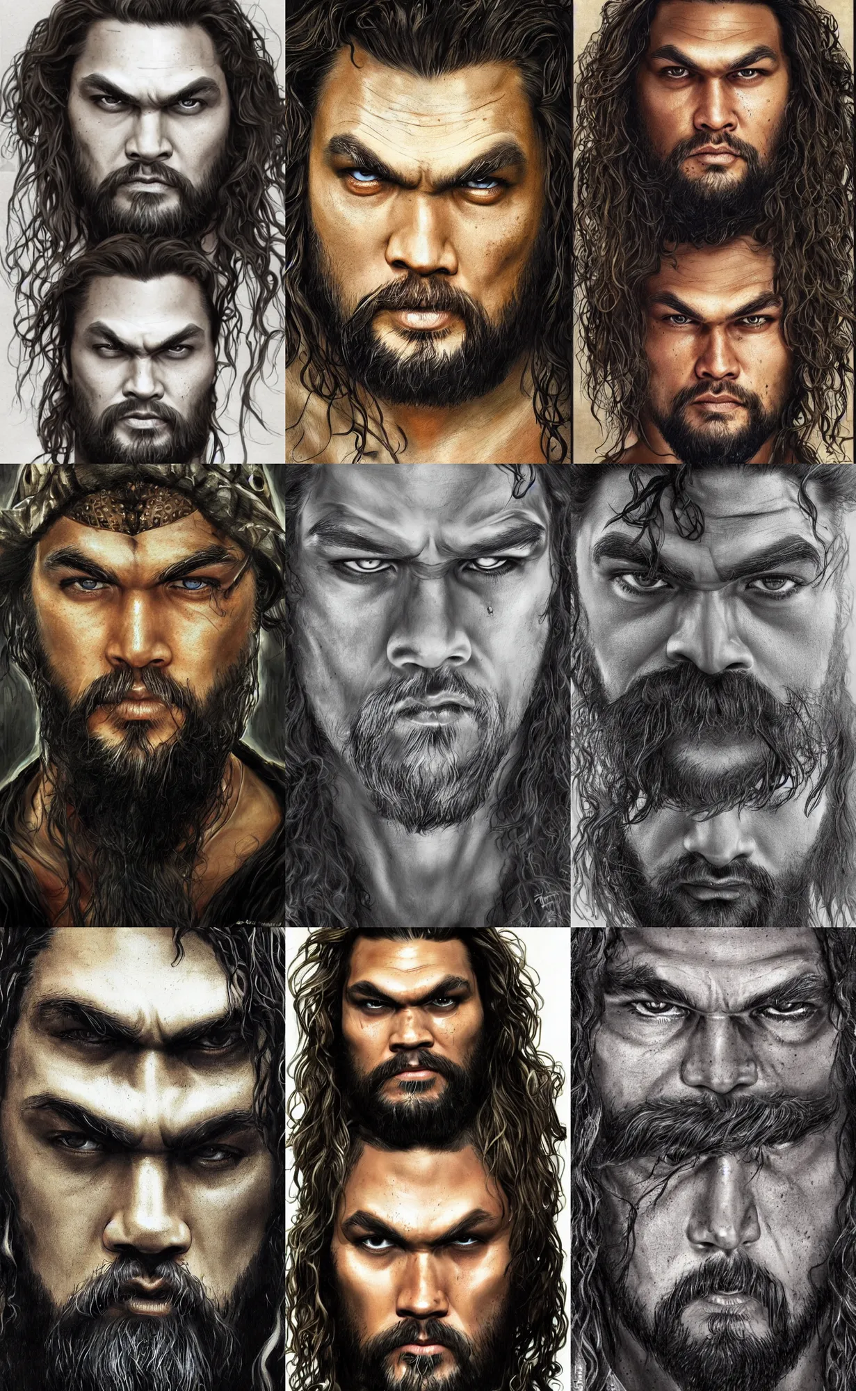 Prompt: glabrous, jason momoa symmetrical face portrait, close - up, front view, intricate, sharp focus, aleksi briclot, mucha