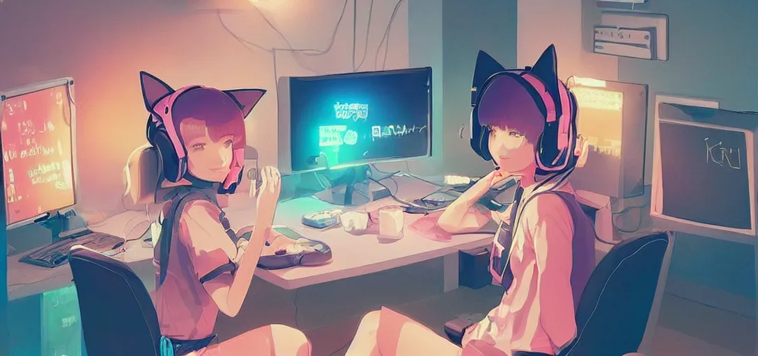 Image similar to a kawaii blond woman with cat ear headphones, sitting in front of computer, gamer, computer nerd, cute room, neon lights, gamer aesthetic, lofi vibes, strong crisp lineart and flat color, by ilya kuvshinov, krenz cushart, Greg Rutkowski, trending on pinterest