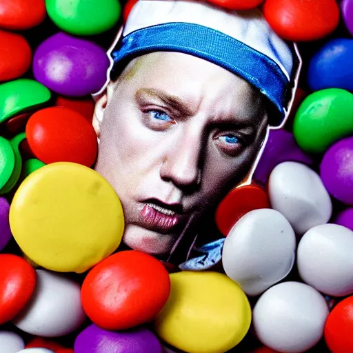 Image similar to eminem's face in a bowl of m & ms, high detail