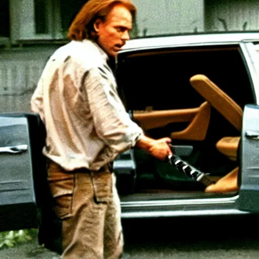 Prompt: Michael Myers holds open a car door. Movie still, realistic, grainy.