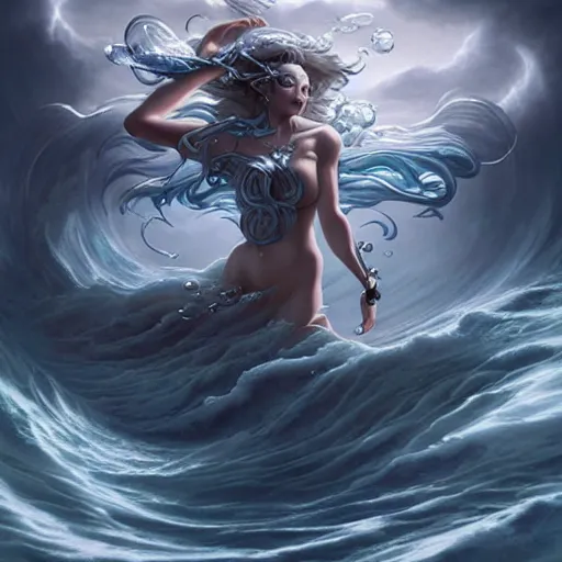 Prompt: fully clothed powerful goddess of water clothed in swirling water striding through a stormy sea, highly detailed matte fantasy painting, stormy lighting, by ross tran and artgerm and peter mohrbacher