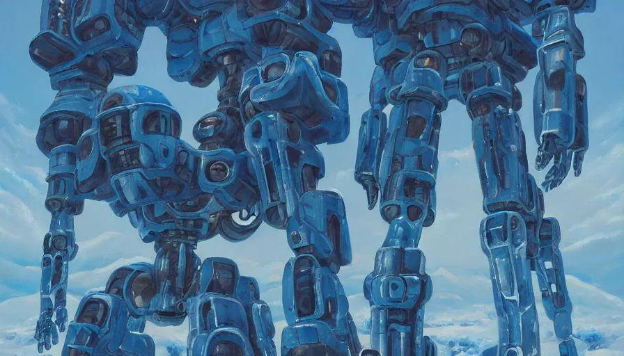 Image similar to an intricate oil painting of a giant pristine icey blue metal anime humanoid mecha with rounded components by simon stalenhag, icey tundra background