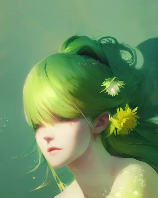 Image similar to girl with green hair and yellow clothing, flower decoration on the background, a beautiful half body illustration, top lighting, perfect shadow, soft painting, art by hidari and krenz cushart and wenjun lin